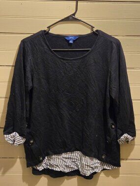 APT.9 Top Womens M Black Layered Button Hem 3/4 Sleeve Striped Cuff Casual